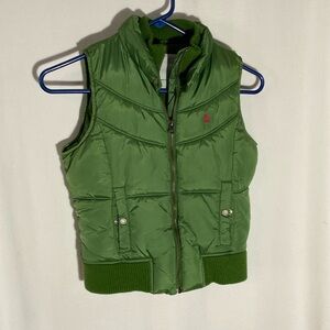 Old Navy Girls Green Vest Puffer Fleece lined Pink Deer Logo, size large